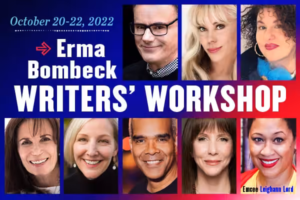 Promotional art for the 2022 Erma Bombeck Writers' Workshop featuring photos of presenters
