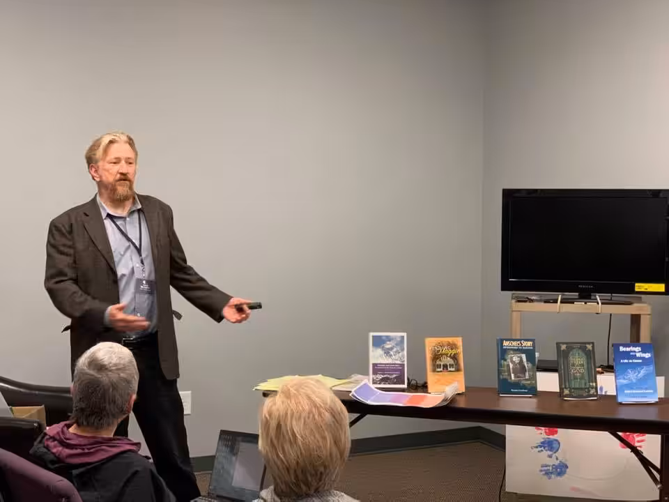 Photo of David Braughler, President and CEO of Braughler Books, presenting at the Ohio Christian Writers Conference
