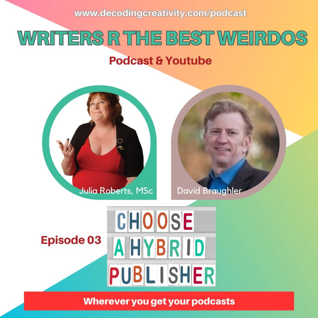 Podcast art for "Choose a Hybrid Publisher" on Writers R The Best Weirdos with Julia Roberts, MSc and David Braughler, President & CEO, Braughler Books