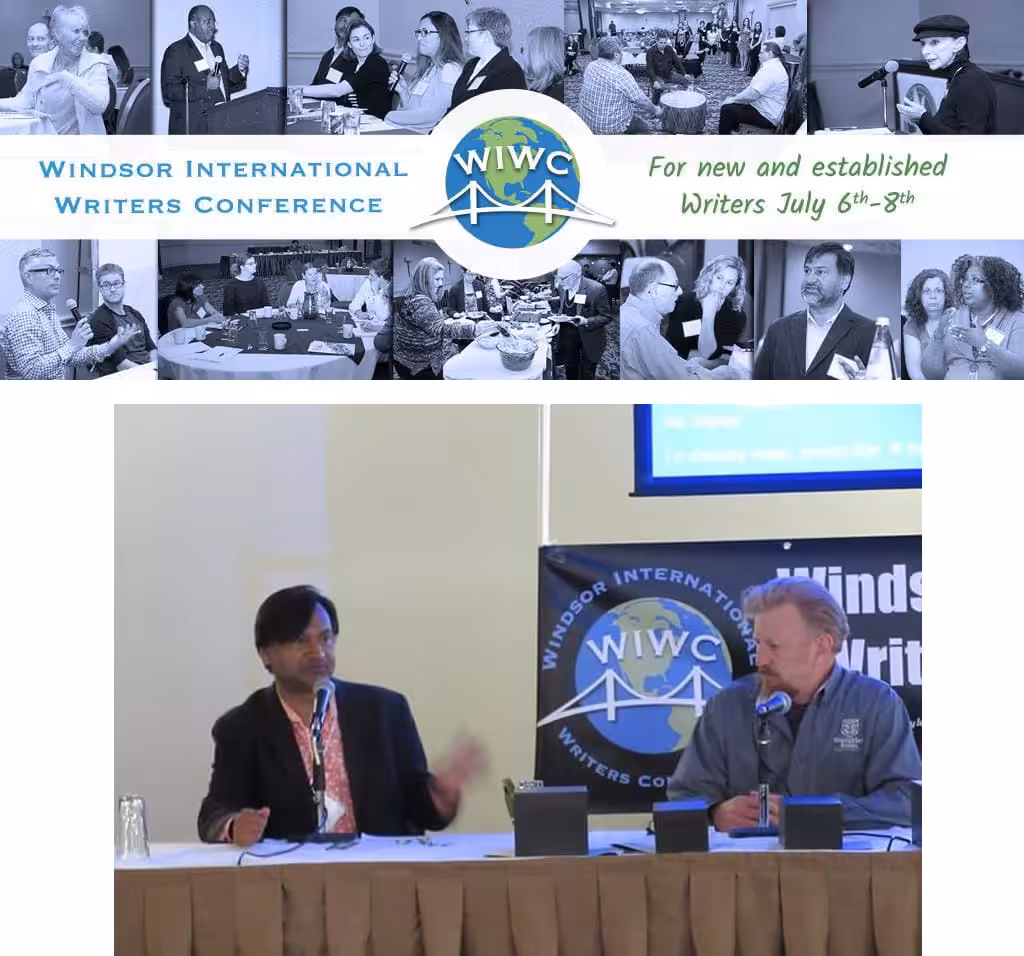 Promotional graphic for the Windsor International Writer's Conference and photo of David Braughler, President and CEO of Braughler Books, participating in a roundtable event