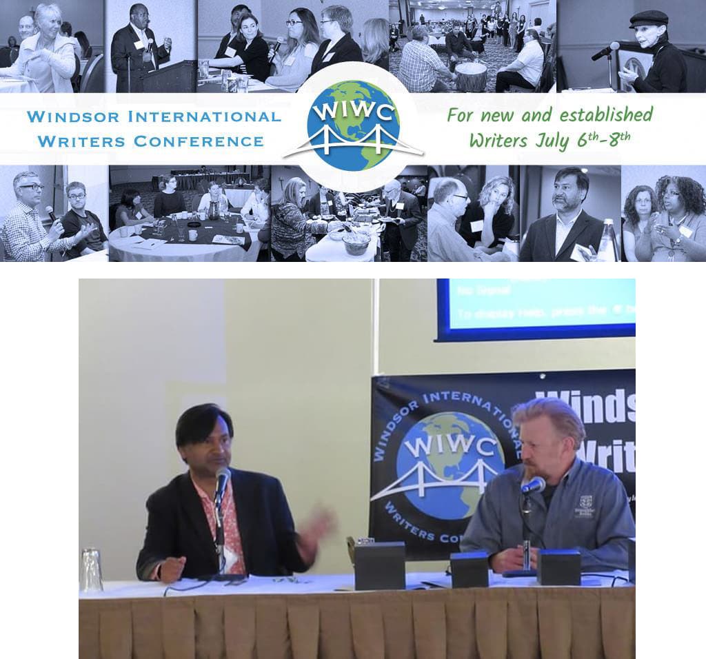 Promotional graphic for the Windsor International Writer's Conference and photo of David Braughler, President and CEO of Braughler Books, participating in a roundtable event